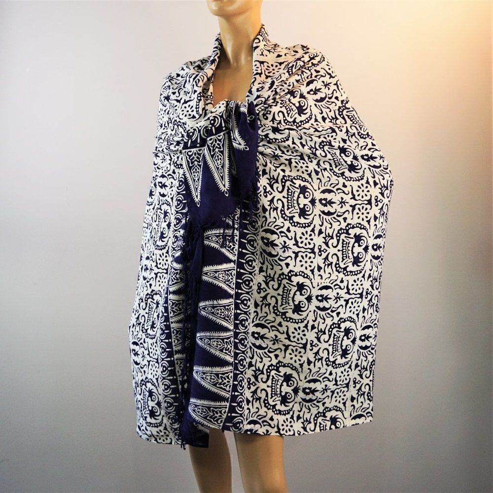 Vintage Wrap Scarf Tie Dye Blue White Tribal Aztec Theme Extra Large